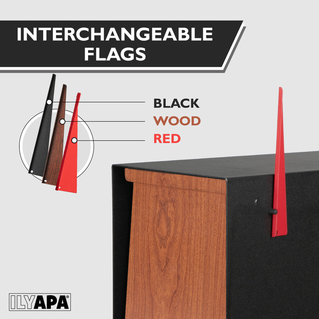 Modern Mailbox for Post Mount - Black Powder Coated Metal Mailbox with Ash Wood Door - Waterproof for Parcels, Recessed Magnetic Close Door