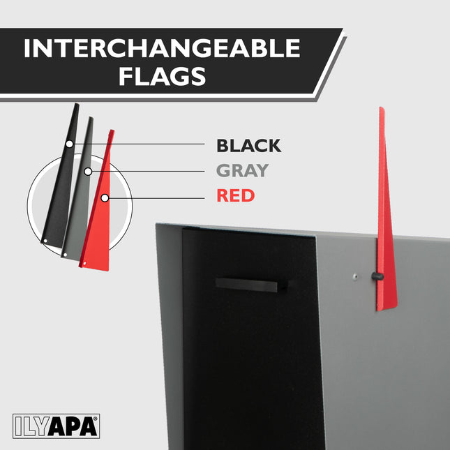 Modern Mailbox with Angle Design Post Mount - Gray Powder Coated Metal Mailbox with Black Door - Waterproof for Parcels, with Magnetic Door