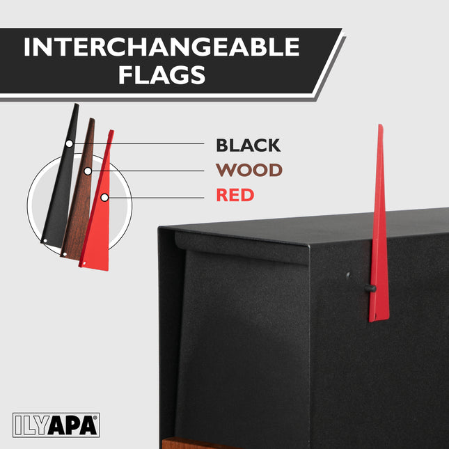 Modern Mailbox for Post Mount - Black Powder Coated Metal Mailbox with Printed Redwood Grain Trim - Waterproof for Parcels, Magnetic Close Door