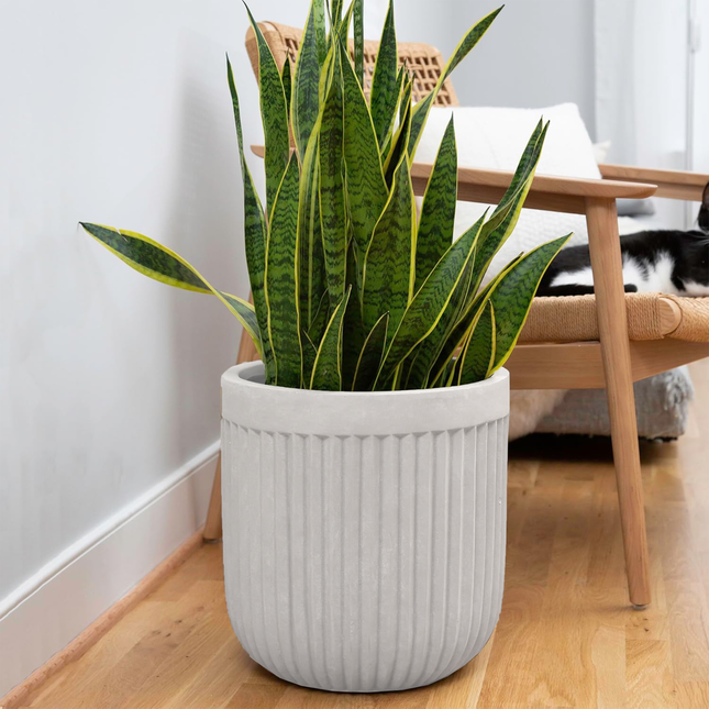 14 Inch Large Fluted Modern Concrete Planter - 14x14 Inch Indoor Plant Pots with Drainage - Large White Planters for Indoor/Outdoor Use