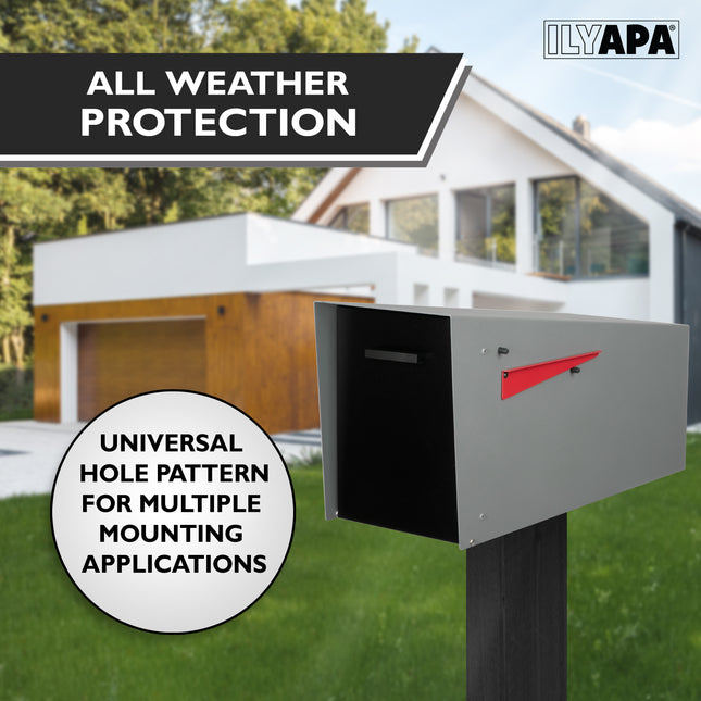 Modern Mailbox with Angle Design Post Mount - Gray Powder Coated Metal Mailbox with Black Door - Waterproof for Parcels, with Magnetic Door