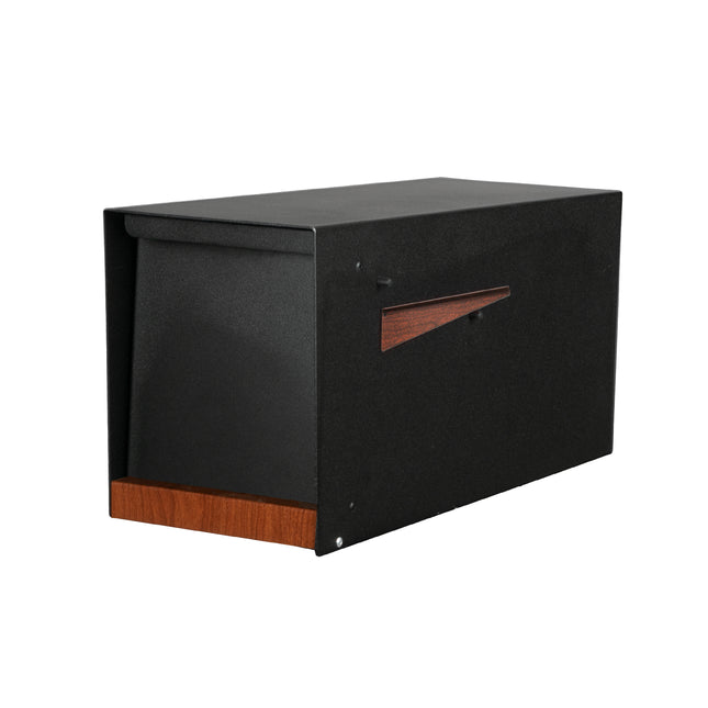 Modern Mailbox for Post Mount - Black Powder Coated Metal Mailbox with Printed Redwood Grain Trim - Waterproof for Parcels, Magnetic Close Door