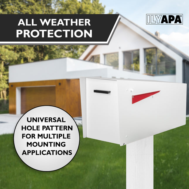 Modern Mailbox with Angle Design Post Mount - White Powder Coated Metal Mailbox - Waterproof for Curbside Parcels, with Magnetic Close Door