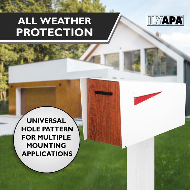 Modern Mailbox with Angle Design Post Mount - White Powder Coated Metal Mailbox with Wood Door - Waterproof for Parcels, Magnetic Close Door