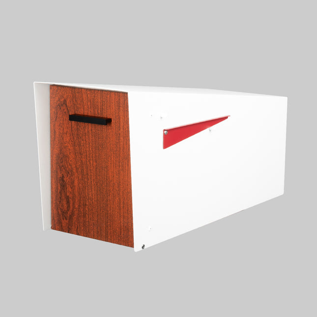Modern Mailbox with Angle Design Post Mount - White Powder Coated Metal Mailbox with Wood Door - Waterproof for Parcels, Magnetic Close Door