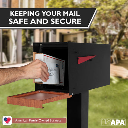Modern Mailbox for Post Mount - Black Powder Coated Metal Mailbox with Ash Wood Door - Waterproof for Parcels, Recessed Magnetic Close Door