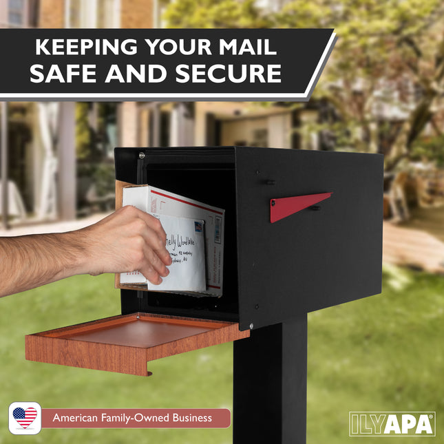 Modern Mailbox for Post Mount - Black Powder Coated Metal Mailbox with Ash Wood Door - Waterproof for Parcels, Recessed Magnetic Close Door