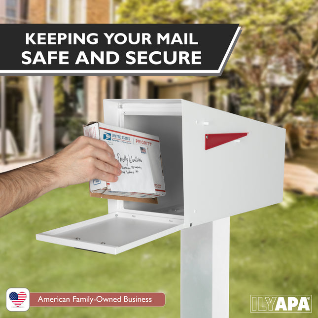 Modern Mailbox with Angle Design Post Mount - White Powder Coated Metal Mailbox - Waterproof for Curbside Parcels, with Magnetic Close Door