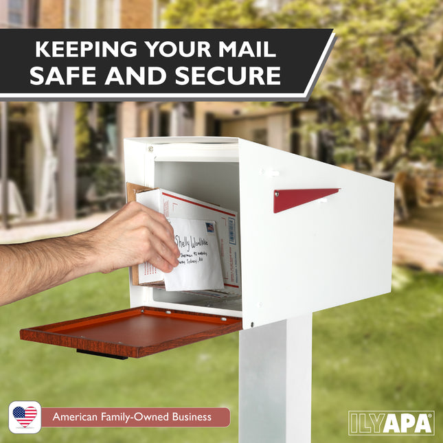 Modern Mailbox with Angle Design Post Mount - White Powder Coated Metal Mailbox with Wood Door - Waterproof for Parcels, Magnetic Close Door