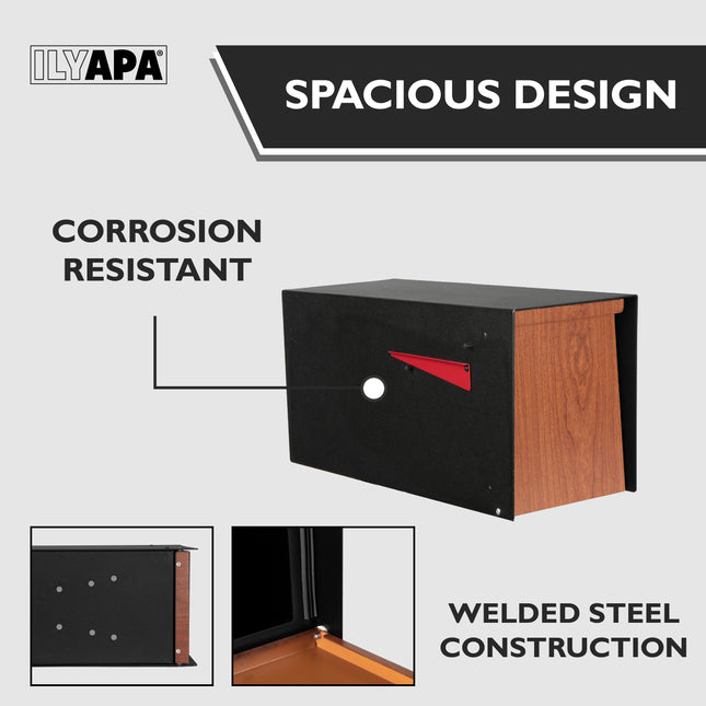 Modern Mailbox for Post Mount - Black Powder Coated Metal Mailbox with Ash Wood Door - Waterproof for Parcels, Recessed Magnetic Close Door