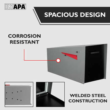 Modern Mailbox with Angle Design Post Mount - Gray Powder Coated Metal Mailbox with Black Door - Waterproof for Parcels, with Magnetic Door
