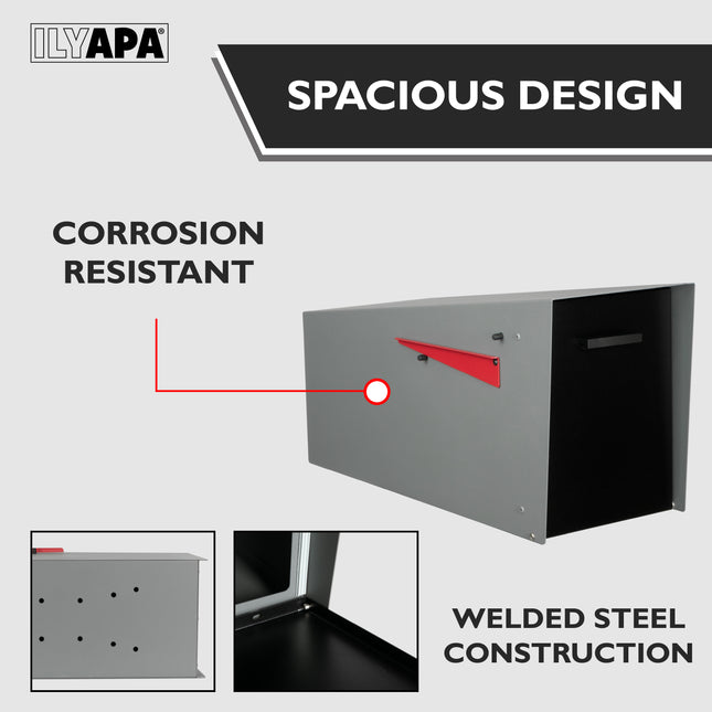 Modern Mailbox with Angle Design Post Mount - Gray Powder Coated Metal Mailbox with Black Door - Waterproof for Parcels, with Magnetic Door
