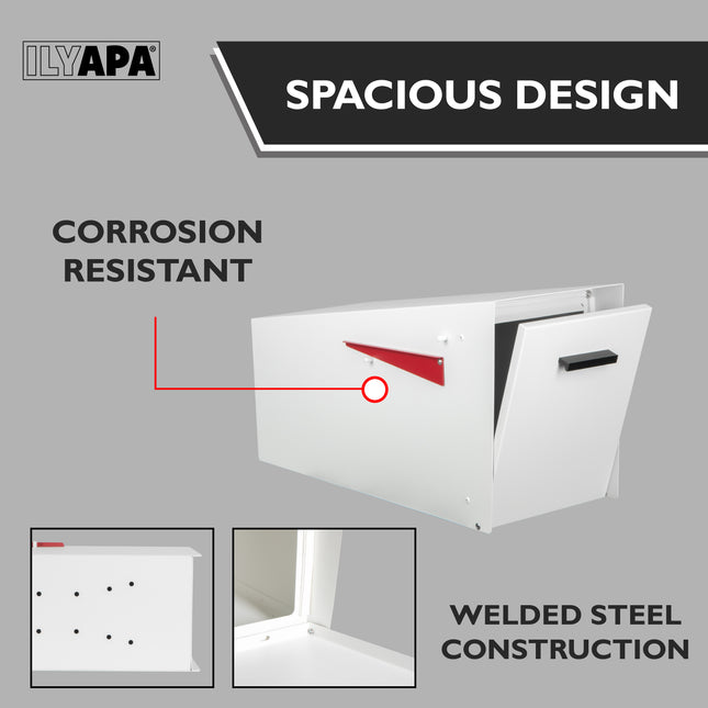 Modern Mailbox with Angle Design Post Mount - White Powder Coated Metal Mailbox - Waterproof for Curbside Parcels, with Magnetic Close Door