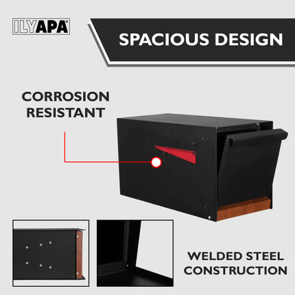 Modern Mailbox for Post Mount - Black Powder Coated Metal Mailbox with Printed Redwood Grain Trim - Waterproof for Parcels, Magnetic Close Door