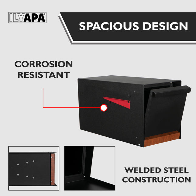 Modern Mailbox for Post Mount - Black Powder Coated Metal Mailbox with Printed Redwood Grain Trim - Waterproof for Parcels, Magnetic Close Door