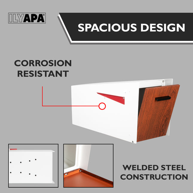 Modern Mailbox with Angle Design Post Mount - White Powder Coated Metal Mailbox with Wood Door - Waterproof for Parcels, Magnetic Close Door