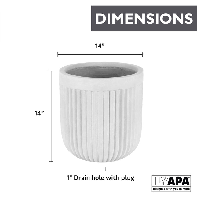 14 Inch Large Fluted Modern Concrete Planter - 14x14 Inch Indoor Plant Pots with Drainage - Large White Planters for Indoor/Outdoor Use