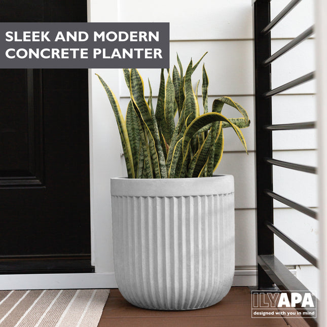 14 Inch Large Fluted Modern Concrete Planter - 14x14 Inch Indoor Plant Pots with Drainage - Large White Planters for Indoor/Outdoor Use