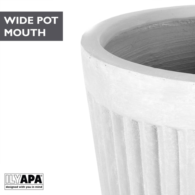 14 Inch Large Fluted Modern Concrete Planter - 14x14 Inch Indoor Plant Pots with Drainage - Large White Planters for Indoor/Outdoor Use