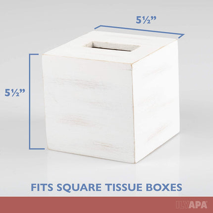 Ilyapa Wood Tissue Box Cover Square - Rustic Farmhouse White Wooden Tissue Holder