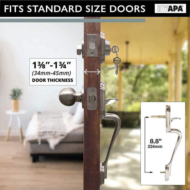 Modern Style Front Door Exterior Handleset - Lock Set Handle Hardware with Single Cylinder Deadbolt Lock and Halifax Lever - Low Profile Contemporary Design - Satin Nickel Finish
