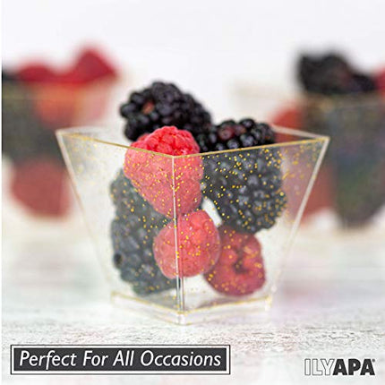 100 Mini Plastic Dessert Cups with Spoons - 2 oz Gold Glitter Dessert Shooters
