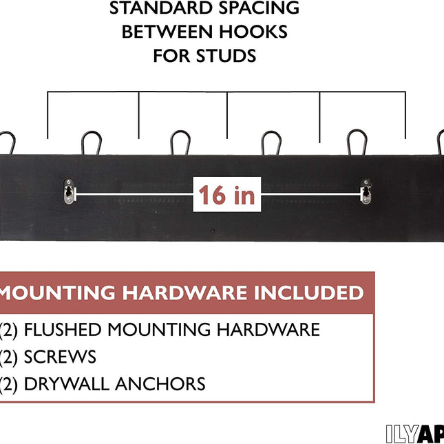 Ilyapa Wooden Coat Rack Wall Mount - Black Wood Hat Hanger with 6 Metal Hooks