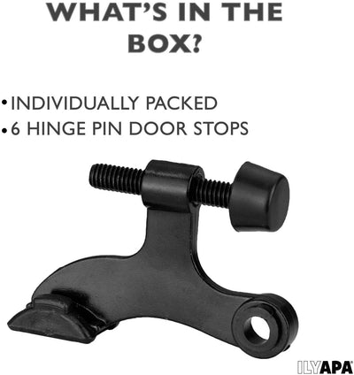 12 Pack Hinge Pin Black Door Stops -Heavy Duty Adjustable Door Stopper 2-1/2" x 1-3/4",with Black Rubber Bumper Tips