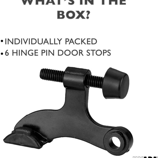 6 Pack Hinge Pin Black Door Stops -Heavy Duty Adjustable Door Stopper 2-1/2" x 1-3/4",with Black Rubber Bumper Tips