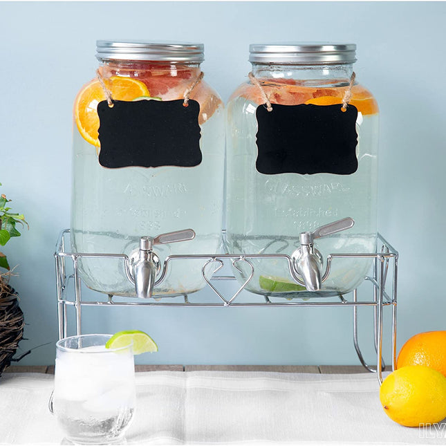 Outdoor Glass Beverage Dispenser 2 Pack with Sturdy Metal Base, Hanging Chalkboards & Stainless Steel Spigots - Double Drink Dispensers for Lemonade, Tea, Cold Water & More
