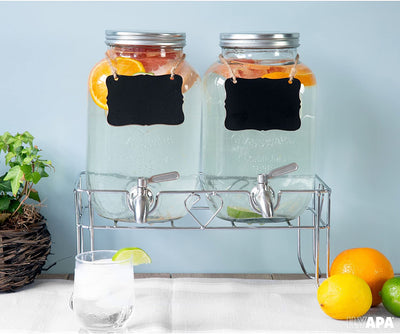 Outdoor Glass Beverage Dispenser 2 Pack with Sturdy Metal Base, Hanging Chalkboards & Stainless Steel Spigots - Double Drink Dispensers for Lemonade, Tea, Cold Water & More