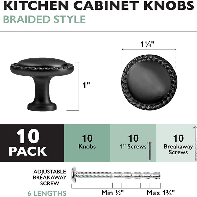 Ilyapa Flat Black Kitchen Cabinet Knobs - Round Braided Drawer Handles - 10 Pack of Kitchen Cabinet Hardware
