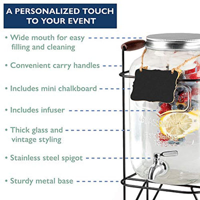 2 Gallon Glass Beverage Dispenser with Infuser, Metal Base, Stainless Steel Spigot & Hanging Chalkboard - Outdoor Drink Dispenser for Lemonade, Tea, Cold Water & More