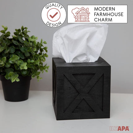Ilyapa Wood Tissue Box Cover Farmhouse X Patterned- Rustic Farmhouse Black Wood