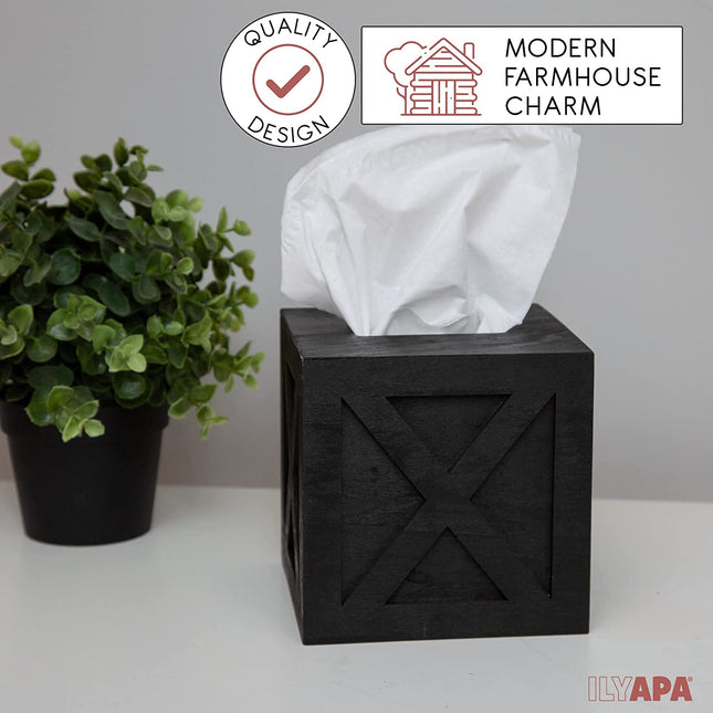 Ilyapa Wood Tissue Box Cover Farmhouse X Patterned- Rustic Farmhouse Black Wood
