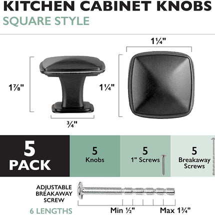 Ilyapa Black Square Kitchen Cabinet Knobs - 5 Pack of Modern Design Handles