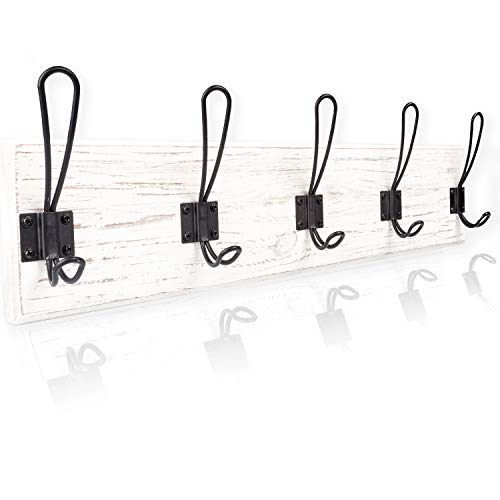 Wall Mounted Coat Rack - Rustic Wooden 5 Hook Coat Hanger Rail, White Distressed Wood, Black Metal Hooks