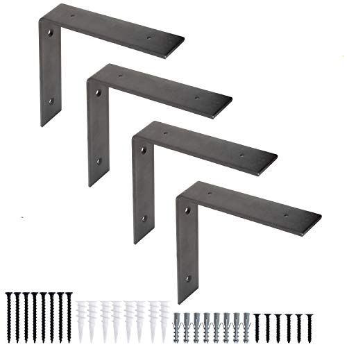 Heavy Duty Steel Shelf Brackets, L Bracket - Farmhouse Rustic Iron Matte Finish - 4 Pack of 4 x 6 Inch Industrial Metal Shelf Holders, Corner L Brace Joint Angle Brackets for Wall Mount Shelves