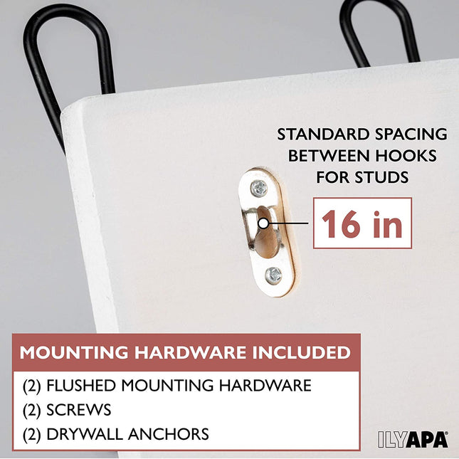 Wall Mounted Coat Rack - Rustic Wooden 5 Hook Coat Hanger Rail, White Distressed Wood, Black Metal Hooks