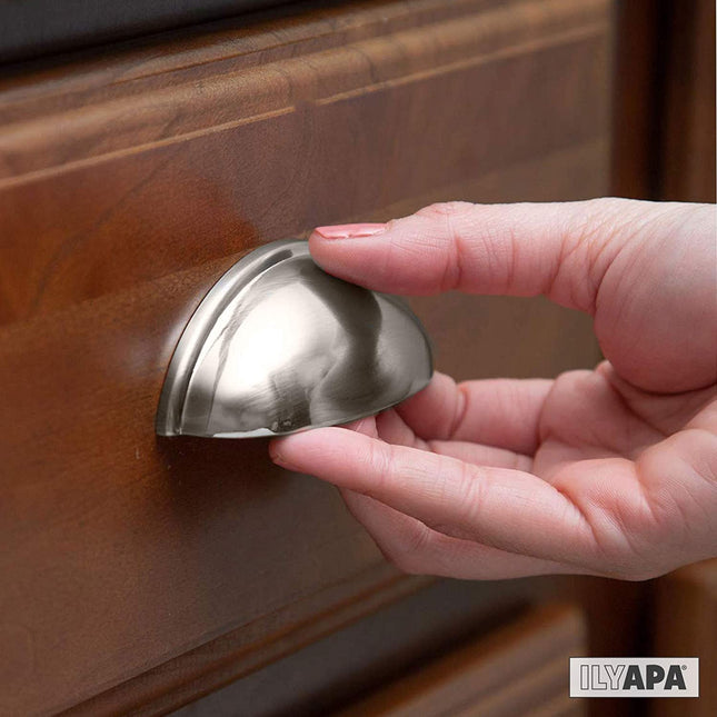 Satin Nickel Kitchen Cabinet Pulls - 3 Inch Hole Center Bin Cup Drawer Handles - 10 Pack of Kitchen Cabinet Hardware - New Design