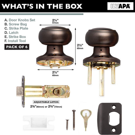 Ilyapa Passage Door Knob for Hall/Closet - Colonial, Oil Rubbed Bronze Interior Keyless Non Locking Round Door Handle, Oil Rubbed Bronze, 6 Pack