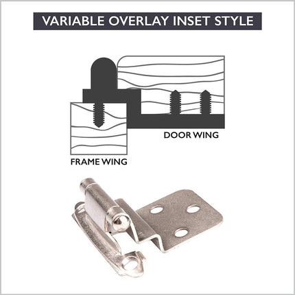 Self Closing Cabinet Hinges Satin Nickel, 50 Pack - 3/8 Inch Inset Variable Overlay Kitchen Cabinet Door Hinge Hardware