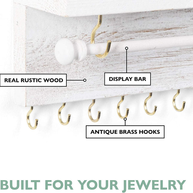 Ilyapa Wall Mounted Jewelry Organizer with Shelf - Rustic White Wood