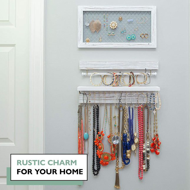 Ilyapa Wall Mounted 3 Piece Jewelry Organizer with Shelf - Rustic White Wood