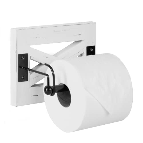 Ilyapa Farmhouse Toilet Paper Holder for Bathroom - Rustic Weathered White Wood Wall Mount Toilet Roll Holder