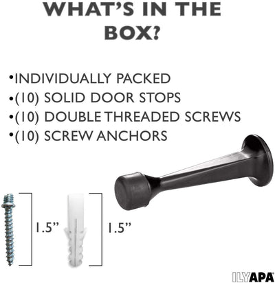 10 Pack of Door Stops Black - 3 1/4 Inch Heavy Duty Door Stop with Rubber Bumper