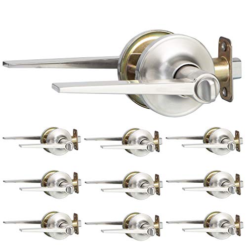 Ilyapa Privacy Door Lever for Bed/Bath - Contemporary, Satin Nickel Reversible Interior Keyless Turn Thumb Locking Door Leverset, Satin Nickel, 10 Pack