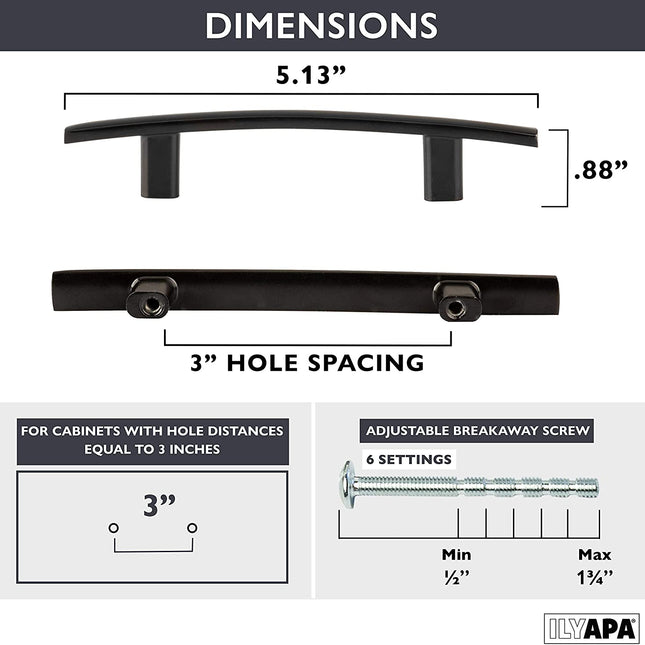Ilyapa Black Kitchen Cabinet Handles - 3 Inch Hole Center - 5 Pack of Curved Bar