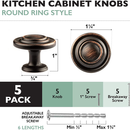 Ilyapa Oil Rubbed Bronze Kitchen Cabinet Knobs - 5 Pack of Round Ringed Hardware