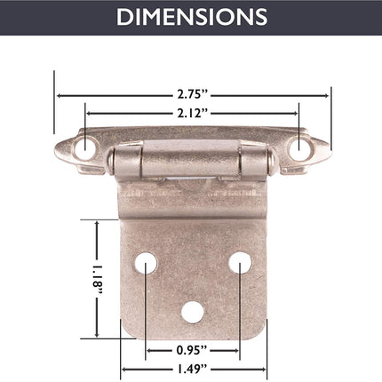 Self Closing Cabinet Hinges Satin Nickel, 50 Pack - 3/8 Inch Inset Variable Overlay Kitchen Cabinet Door Hinge Hardware